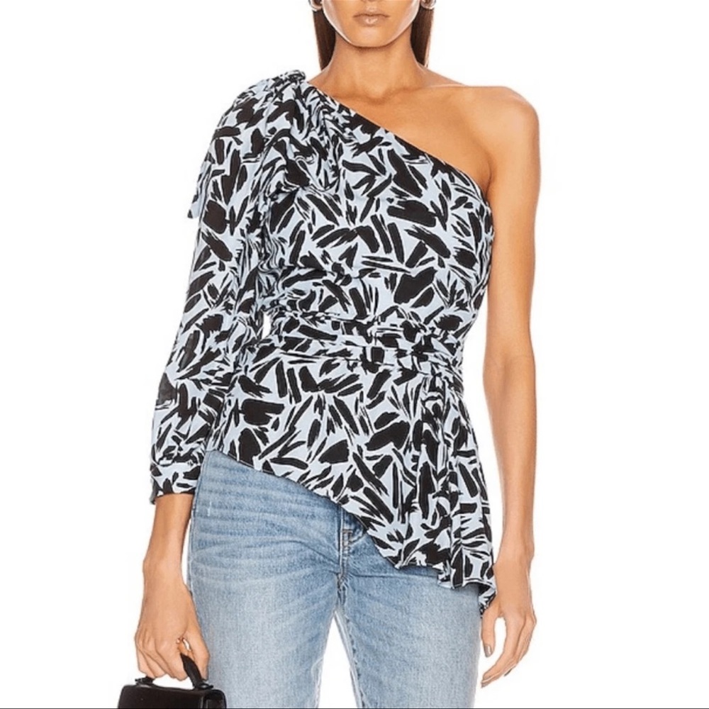 Veronica Beard Vida One Shoulder Top Size 2 in Blue and Black Silk Blend